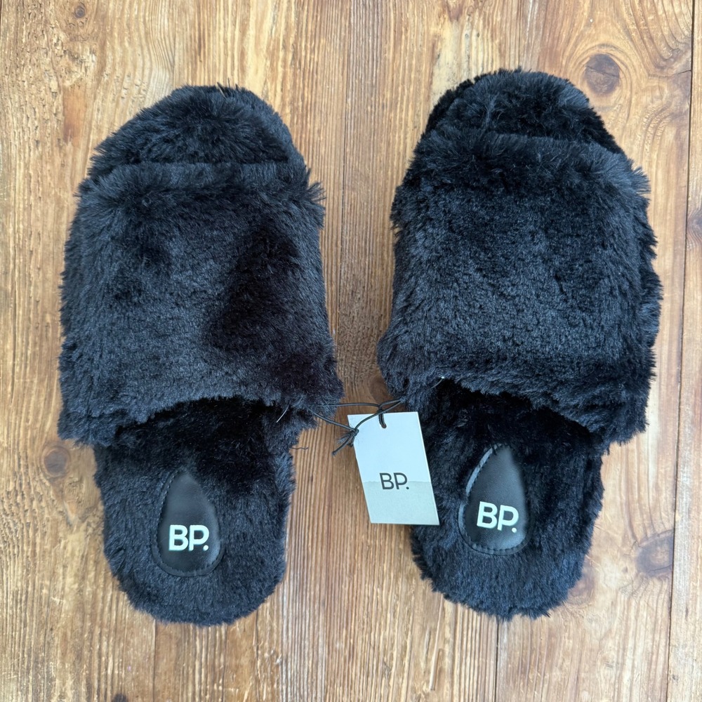 Nordstrom BP Black Faux Fur Elegant Luxury Slide Slippers Women Large 9-10 NWT